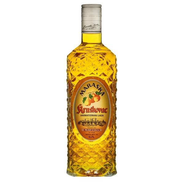 Vorderseite von Kruškovc von Maraska in der schönen Quaderflasche (0,7 l)